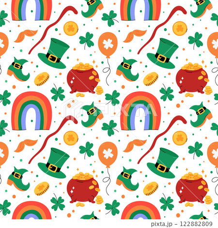 St Patricks Day vector pattern. Leprechauns hat, shamrocks, lucky coins, pot of gold. Cute seamless background with Saint Patricks Day symbols. March 17 holiday backdrop 122882809