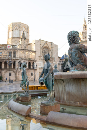 Fountain Rio Turia on Square of the Virgin Saint Mary, Valencia Cathedral, Basilica of Virgen the Helpless. Top tourist attraction 122882818