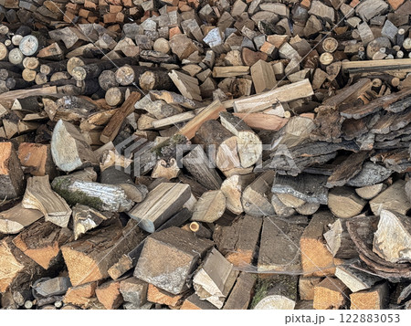 Pile of Chopped Firewood in a Rustic Stacked Configuration Pile of Chopped Firewood in a Rustic Stacked Configuration 122883053