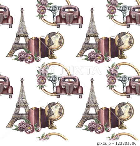Seamless pattern with retro cars and Eiffel towers, vintage steering wheel, retro suitcases, globe and peonies. Handmade watercolor illustrations. Colorful, delicate, romantic pattern Seamless pattern with retro cars and Eiffel towers, vintage steering wheel, retro suitcases, globe and peonies. Handmade watercolor illustrations. Colorful, delicate, romantic pattern 122883386
