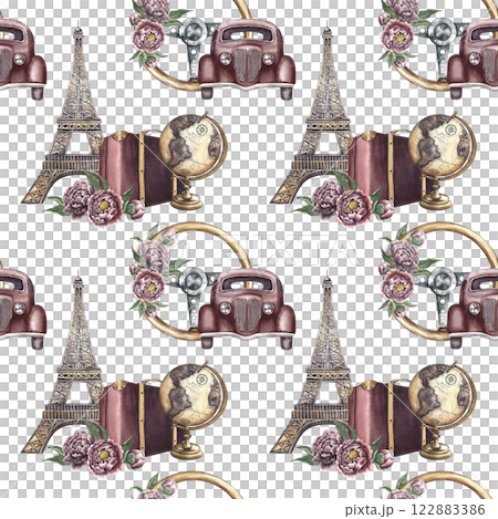 Seamless pattern with retro cars and Eiffel towers, vintage steering wheel, retro suitcases, globe and peonies. Handmade watercolor illustrations. Colorful, delicate, romantic pattern Seamless pattern with retro cars and Eiffel towers, vintage steering wheel, retro suitcases, globe and peonies. Handmade watercolor illustrations. Colorful, delicate, romantic pattern 122883386