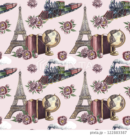 Seamless pattern with vintage train, suitcase, Eiffel tower, globe, peonies. Handmade watercolor illustration. Colorful romantic pattern for textiles, wallpaper, packaging on a pale purple background 122883387