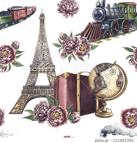 Seamless pattern with vintage train, suitcase, Eiffel tower, globe and peonies. Handmade watercolor illustration. Colorful, delicate, romantic pattern for textiles, wallpaper and packaging. Seamless pattern with vintage train, suitcase, Eiffel tower, globe and peonies. Handmade watercolor illustration. Colorful, delicate, romantic pattern for textiles, wallpaper and packaging. 122883392