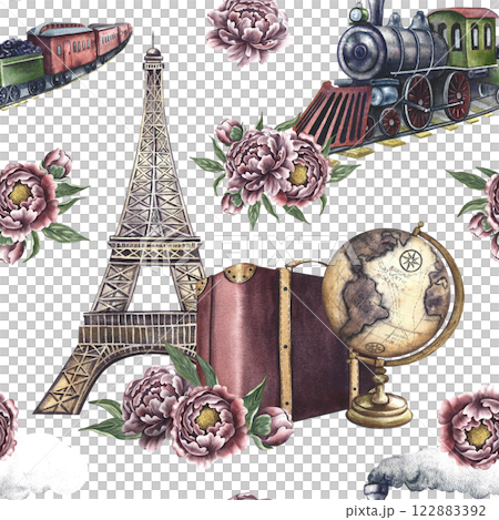 Seamless pattern with vintage train, suitcase, Eiffel tower, globe and peonies. Handmade watercolor illustration. Colorful, delicate, romantic pattern for textiles, wallpaper and packaging. Seamless pattern with vintage train, suitcase, Eiffel tower, globe and peonies. Handmade watercolor illustration. Colorful, delicate, romantic pattern for textiles, wallpaper and packaging. 122883392