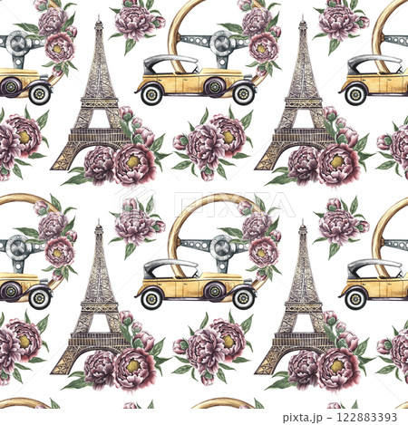 Seamless pattern with retro cars and Eiffel towers, vintage steering wheel decorated with peonies. Handmade watercolor illustrations. Colorful, delicate, romantic pattern for textiles, wallpaper. Seamless pattern with retro cars and Eiffel towers, vintage steering wheel decorated with peonies. Handmade watercolor illustrations. Colorful, delicate, romantic pattern for textiles, wallpaper. 122883393