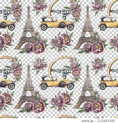 Seamless pattern with retro cars and Eiffel towers, vintage steering wheel decorated with peonies. Handmade watercolor illustrations. Colorful, delicate, romantic pattern for textiles, wallpaper. Seamless pattern with retro cars and Eiffel towers, vintage steering wheel decorated with peonies. Handmade watercolor illustrations. Colorful, delicate, romantic pattern for textiles, wallpaper. 122883393