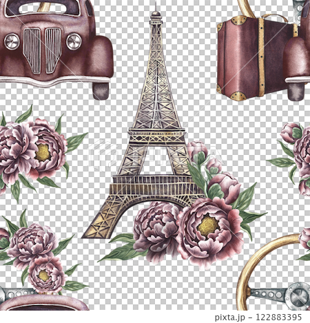 Seamless pattern with retro cars and Eiffel towers, vintage steering wheel decorated with vintage flowers, and retro suitcases. Handmade watercolor illustrations. Colorful, delicate, romantic pattern. 122883395