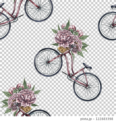Seamless pattern with retro bikes and peonies. Handmade watercolor illustration. A color romantic image. For textiles, wallpaper and wrapping paper. Seamless pattern with retro bikes and peonies. Handmade watercolor illustration. A color romantic image. For textiles, wallpaper and wrapping paper. 122883398