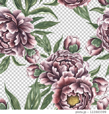 Seamless floral pattern with purple delicate peonies. Handmade watercolor illustration. Vintage-style color image. For textiles, wallpaper and wrapping paper. For labels, packaging, printing. Seamless floral pattern with purple delicate peonies. Handmade watercolor illustration. Vintage-style color image. For textiles, wallpaper and wrapping paper. For labels, packaging, printing. 122883399