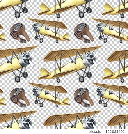 Seamless pattern of vintage airplanes and pilots' helmets. A hand-drawn watercolor illustration. A color image of the first vintage-style aircraft. For textiles, wallpaper, packaging. 122883402
