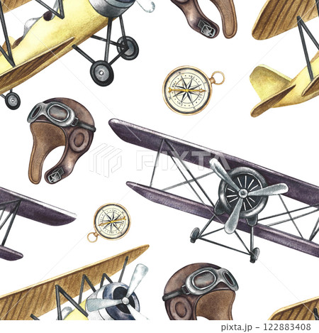 Seamless pattern of retro airplanes, pilot helmets and navigation compasses. hand-drawn watercolor illustration. A color image of the first vintage-style aircraft. For textiles, wallpaper, packaging. 122883408