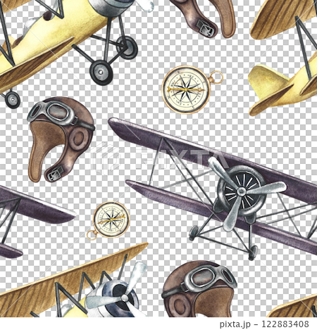 Seamless pattern of retro airplanes, pilot helmets and navigation compasses. hand-drawn watercolor illustration. A color image of the first vintage-style aircraft. For textiles, wallpaper, packaging. 122883408
