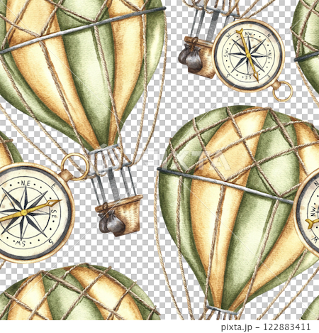 Seamless pattern of flying balloons and compasses. Handmade watercolor illustration. A vintage-style color image of a trip around the world. For textiles, wallpaper, wrapping paper and more. 122883411