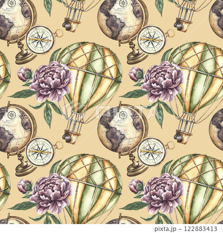Seamless pattern of balloons, globes in vintage style. Handmade watercolor illustration. A color image of a trip around the world. The background is ochre. For textiles, wallpaper, wrapping paper. 122883413