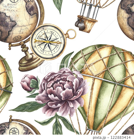 Seamless pattern of balloons and globes in vintage style. Handmade watercolor illustration. A color image with a journey around the world. For textiles, wallpaper, wrapping paper and more. 122883414
