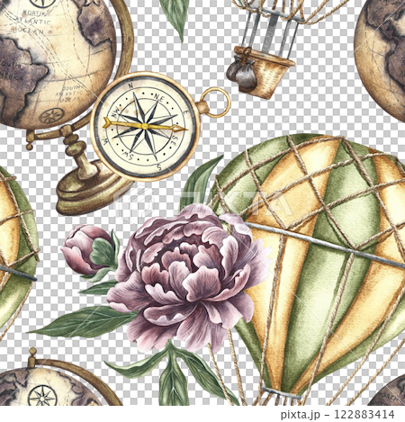 Seamless pattern of balloons and globes in vintage style. Handmade watercolor illustration. A color image with a journey around the world. For textiles, wallpaper, wrapping paper and more. 122883414