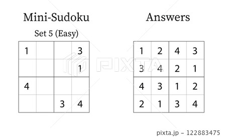 Mini Sudoku Puzzle 4x4 Set 5 for Kids Easy with Answers, Fun Brain Training Math Game for Kids, Vector 122883475
