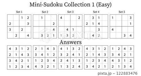 Mini Sudoku Puzzles 4x4 Collection 1 for Kids Easy with Answers, 5 Sets Fun Brain Training Math Game for Kids, Vector Mini Sudoku Puzzles 4x4 Collection 1 for Kids Easy with Answers, 5 Sets Fun Brain Training Math Game for Kids, Vector 122883476