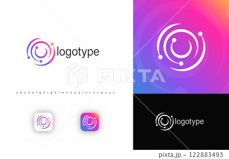 Abstract circular logo with orbiting elements, resembling planetary system. Represents connectivity, advanced technology. Ideal for IT, AI, blockchain, cybersecurity, fintech, spacetech. Vector logo 122883493