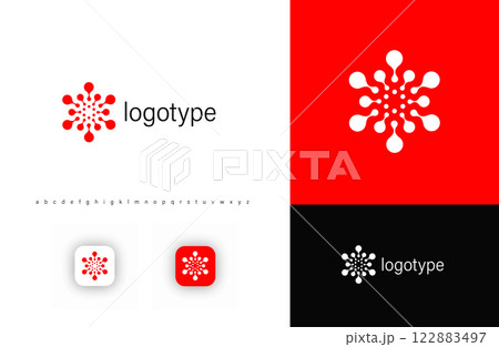 Abstract round radial logo with dots, molecular structures or viral cells. Represents innovation, bio and termal, research and technology. Ideal for biotech, medicine, science. Vector illustration Abstract round radial logo with dots, molecular structures or viral cells. Represents innovation, bio and termal, research and technology. Ideal for biotech, medicine, science. Vector illustration 122883497