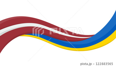 Wavy ribbon banner of Ukraine National flag with Latvia National Flag. Unity and cooperation symbol. Logo for charity social events, NGO, sports team, peace summit. Vector illustration. 122883565