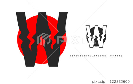 Letter W silhouette on red sun, twisting alphabet. Japanese logo for sushi roll restaurant logo, asian cultural event logotype. Vector logo and typeset 122883609