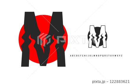Letter M silhouette on red sun, twisting alphabet. Japanese logo for sushi roll restaurant logo, asian cultural event logotype. Vector logo and typeset 122883621