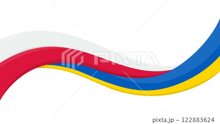 Wavy ribbon banner of Ukraine National flag with Poland National Flag. Unity and cooperation symbol. Logo for charity social events, NGO, sports team, peace summit. Vector illustration. 122883624