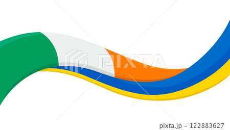 Wavy ribbon banner of Ukraine National flag with Ireland National Flag. Unity and cooperation symbol. Logo for charity social events, NGO, sports team, peace summit. Vector illustration. Wavy ribbon banner of Ukraine National flag with Ireland National Flag. Unity and cooperation symbol. Logo for charity social events, NGO, sports team, peace summit. Vector illustration. 122883627