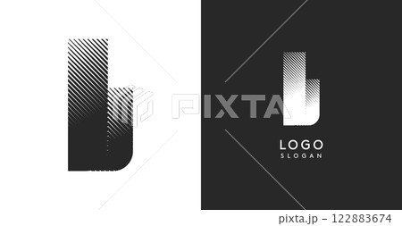 L vector letter. Sharp contrast monogram strike diagonal hatching for industrial yet modern look. High bold logo template. Logotype concept design for brand in tech, architecture, fashion 122883674