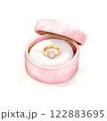 Rounded pink gift box with a gold ring. Vector illustration in watercolor style 122883695