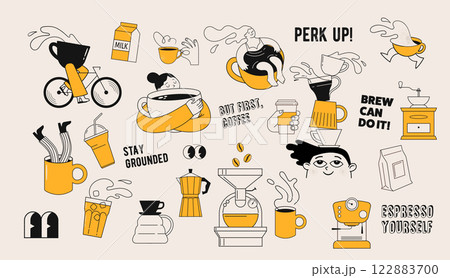 Collection of coffee illustrations and icons. Cafe and coffeeshop design. Concept characters with Collection of coffee illustrations and icons. Cafe and coffeeshop design. Concept characters with 122883700