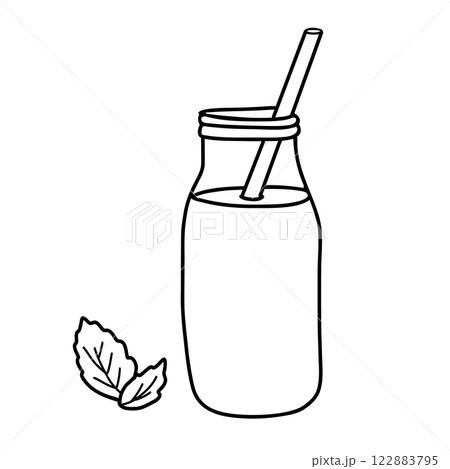 Smoothie or Detox Cocktail in the bottle with straw. Healthy Drink Vector illustration in Doodle style isolated on a background. Black and white outline drawing. Ideal for beverage branding 122883795