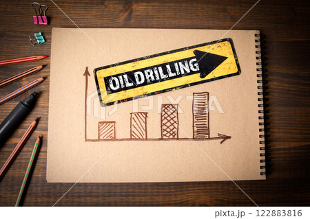 Oil Drilling. Pointer arrow and development chart on wooden texture table 122883816