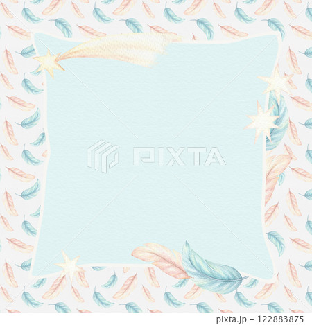 Pink and blue card background with soft feathers and copy space in cute cartoon style. Hand drawn watercolor illustration for baby invitation. Perfect for pajama party template and childish design. 122883875