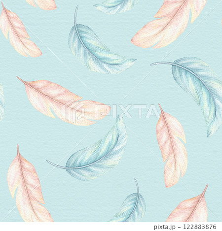 Pink and blue flying feathers seamless pattern in cartoon style. Hand drawn watercolor illustration on a light background. Perfect for pajama party template and childish paper or fabric designs. 122883876