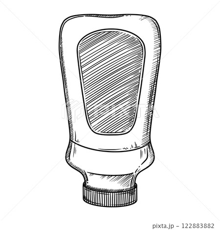 Mayonnaise sauce in the bottle. Food illustration in the graphic line art style. Hand drawn vector outline element of preparing meal. Perfect for menu creating and sketch drawing designs. 122883882
