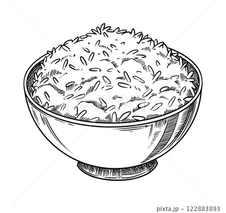Steamed rice bowl food illustration in the graphic line art style. Hand drawn vector outline element of healthy side dish meal. Perfect for menu creating and sketch drawing designs. 122883893