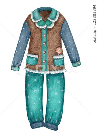 Sleepwear teal and brown cute baby illustration in cartoon style. Hand drawn watercolor night kids clothes with lollipop. Perfect for the use for pajama party theme template and childlike designs. Sleepwear teal and brown cute baby illustration in cartoon style. Hand drawn watercolor night kids clothes with lollipop. Perfect for the use for pajama party theme template and childlike designs. 122883894
