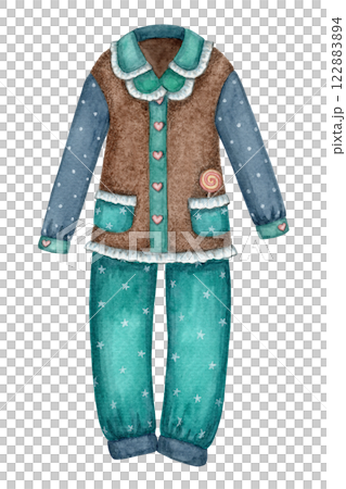Sleepwear teal and brown cute baby illustration in cartoon style. Hand drawn watercolor night kids clothes with lollipop. Perfect for the use for pajama party theme template and childlike designs. Sleepwear teal and brown cute baby illustration in cartoon style. Hand drawn watercolor night kids clothes with lollipop. Perfect for the use for pajama party theme template and childlike designs. 122883894