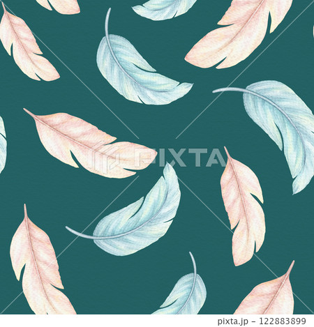 Pink and blue flying feathers seamless pattern in cartoon style. Hand drawn watercolor illustration on a teal background. Perfect for pajama party template and childish paper or fabric designs. 122883899