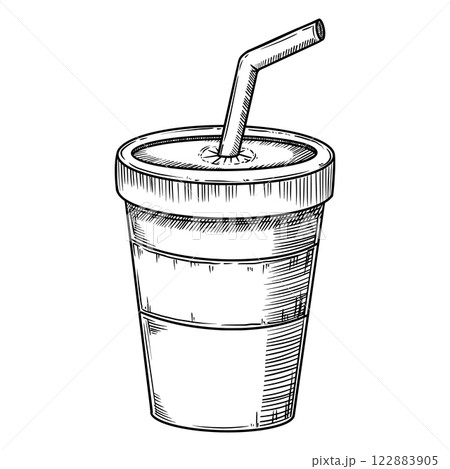 Soda drink in the paper cup with straw. Food illustration in the graphic line art style. Hand drawn vector outline element of beverage. Perfect for fast food menu creating and drawing designs. Soda drink in the paper cup with straw. Food illustration in the graphic line art style. Hand drawn vector outline element of beverage. Perfect for fast food menu creating and drawing designs. 122883905