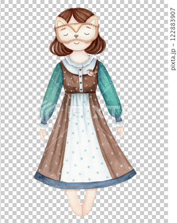 Sleeping girl in nightdress and fox sleep mask cute baby illustration in cartoon style. Hand drawn watercolor kids-friendly character. Perfect for the pajama party template and childlike designs. 122883907