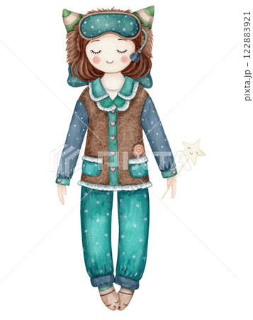 Sleeping girl in nightwear and sleep mask cute baby illustration in cartoon style. Hand drawn watercolor kids-friendly character. Perfect for the use for pajama party template and designs. Sleeping girl in nightwear and sleep mask cute baby illustration in cartoon style. Hand drawn watercolor kids-friendly character. Perfect for the use for pajama party template and designs. 122883921
