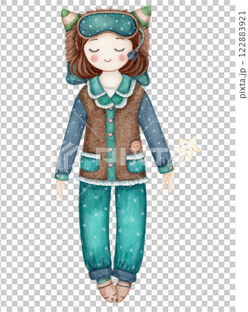 Sleeping girl in nightwear and sleep mask cute baby illustration in cartoon style. Hand drawn watercolor kids-friendly character. Perfect for the use for pajama party template and designs. Sleeping girl in nightwear and sleep mask cute baby illustration in cartoon style. Hand drawn watercolor kids-friendly character. Perfect for the use for pajama party template and designs. 122883921