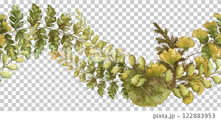 Fern leaves curved seamless border in the earth green tone. Hand drawn watercolor botanical element with textured foliage. Perfect for the use of ecological material and sustainable designs. Fern leaves curved seamless border in the earth green tone. Hand drawn watercolor botanical element with textured foliage. Perfect for the use of ecological material and sustainable designs. 122883953