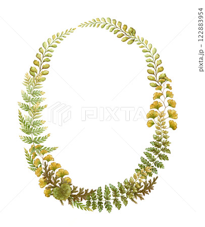 Oval wreath with fern leaves botanical card template in earth tone. Hand drawn watercolor elegant floral frame. Perfect for the use of ecological material and modern designs. Oval wreath with fern leaves botanical card template in earth tone. Hand drawn watercolor elegant floral frame. Perfect for the use of ecological material and modern designs. 122883954