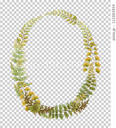 Oval wreath with fern leaves botanical card template in earth tone. Hand drawn watercolor elegant floral frame. Perfect for the use of ecological material and modern designs. Oval wreath with fern leaves botanical card template in earth tone. Hand drawn watercolor elegant floral frame. Perfect for the use of ecological material and modern designs. 122883954