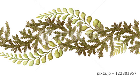 Fern leaf curved seamless border in the brown and green tone. Hand drawn watercolor botanical element with textured foliage. Perfect for the use of ecological material and sustainable designs. 122883957