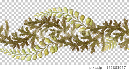 Fern leaf curved seamless border in the brown and green tone. Hand drawn watercolor botanical element with textured foliage. Perfect for the use of ecological material and sustainable designs. 122883957